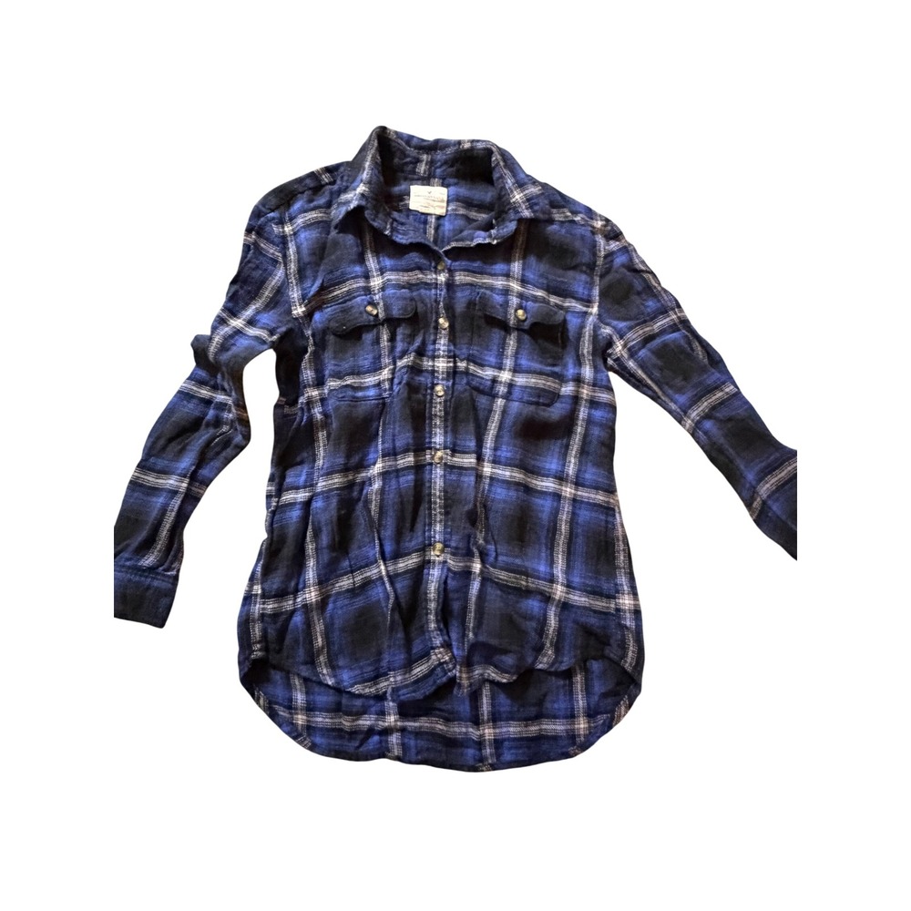 American Eagle Oversized Flannel Shirt Womens XS Blue Black Plaid Button Down
